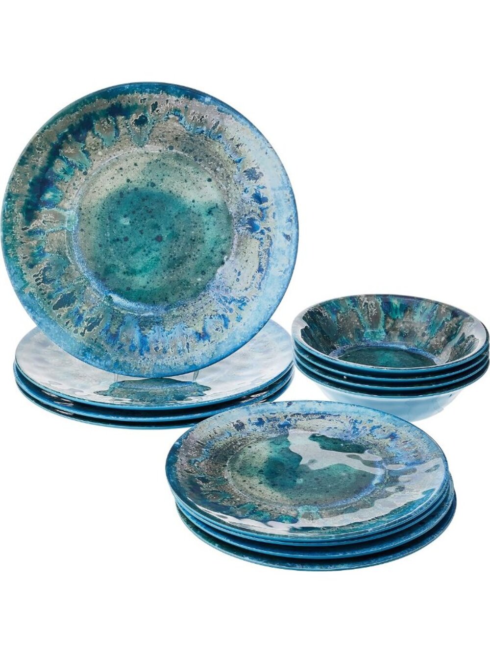 Teal 12pc Melamine Dinnerware Set for 4 - Unbreakable, Dishwasher Safe, Rustic
